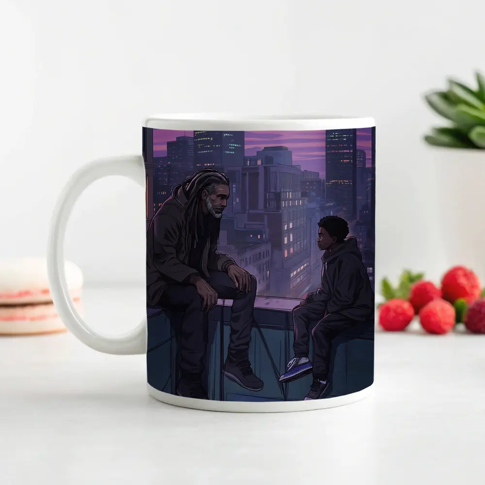 Man and Boy Rooftop City Night Anime – Mugs