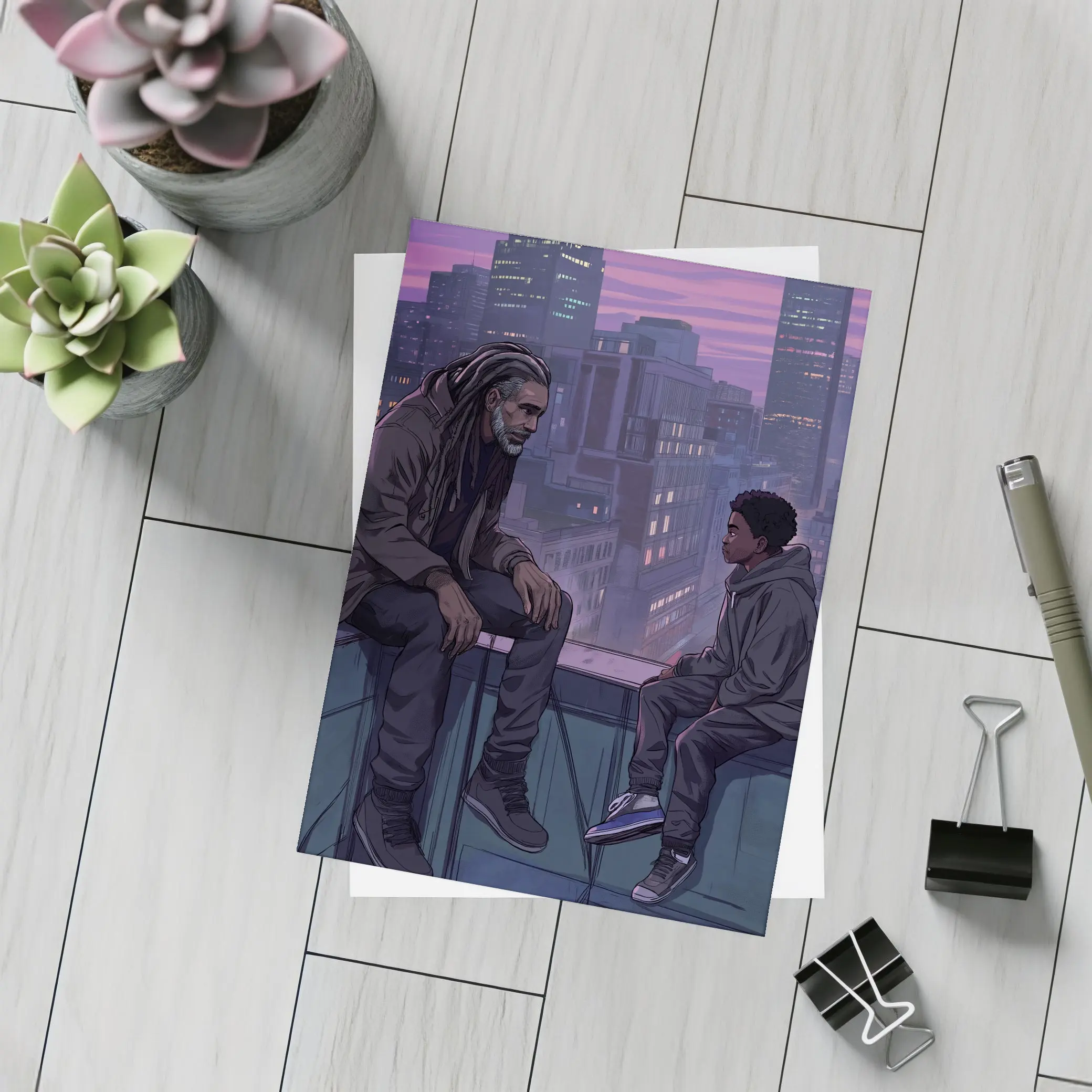 Man and Boy Rooftop City Night Anime – Postcards