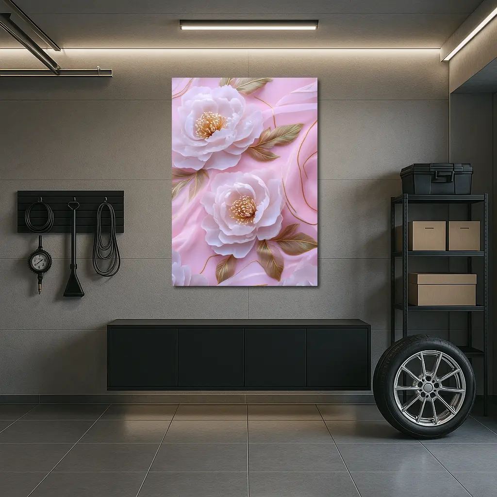 White Peonies Gold Leaves Pink Background – Wall Art