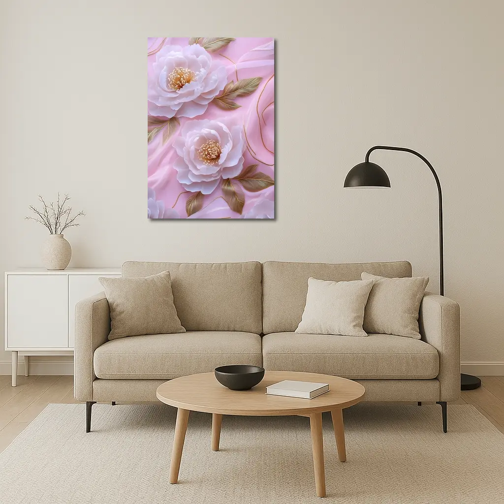 White Peonies Gold Leaves Pink Background – Wall Art