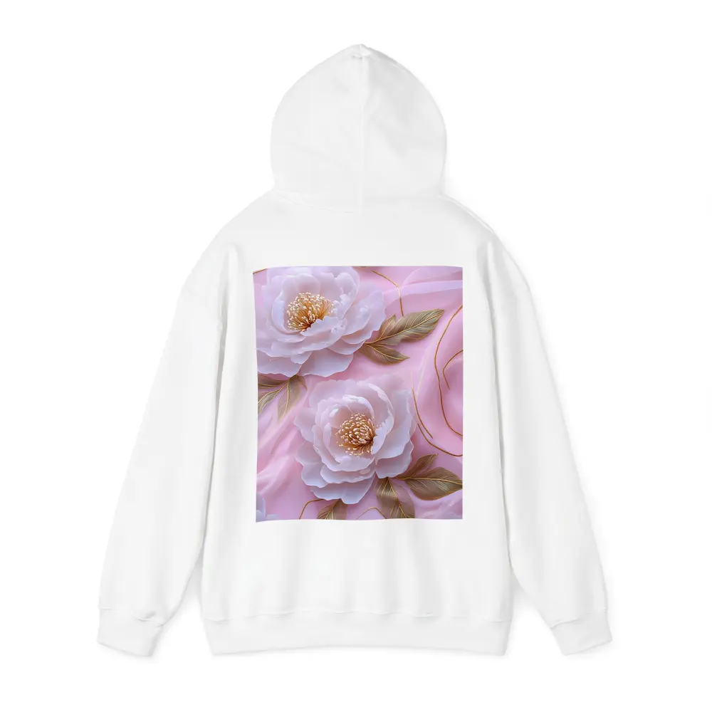 White Peonies Gold Leaves Pink Background – Hoodies