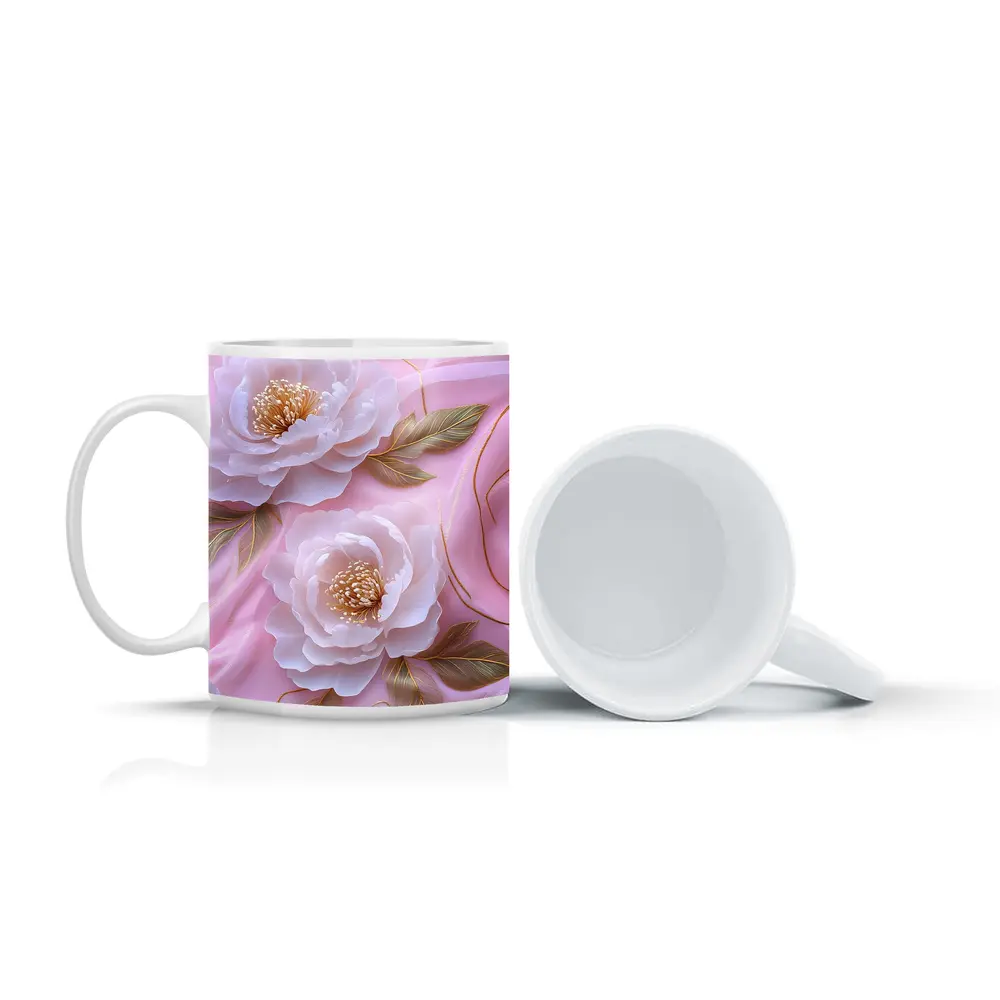 White Peonies Gold Leaves Pink Background – Mugs