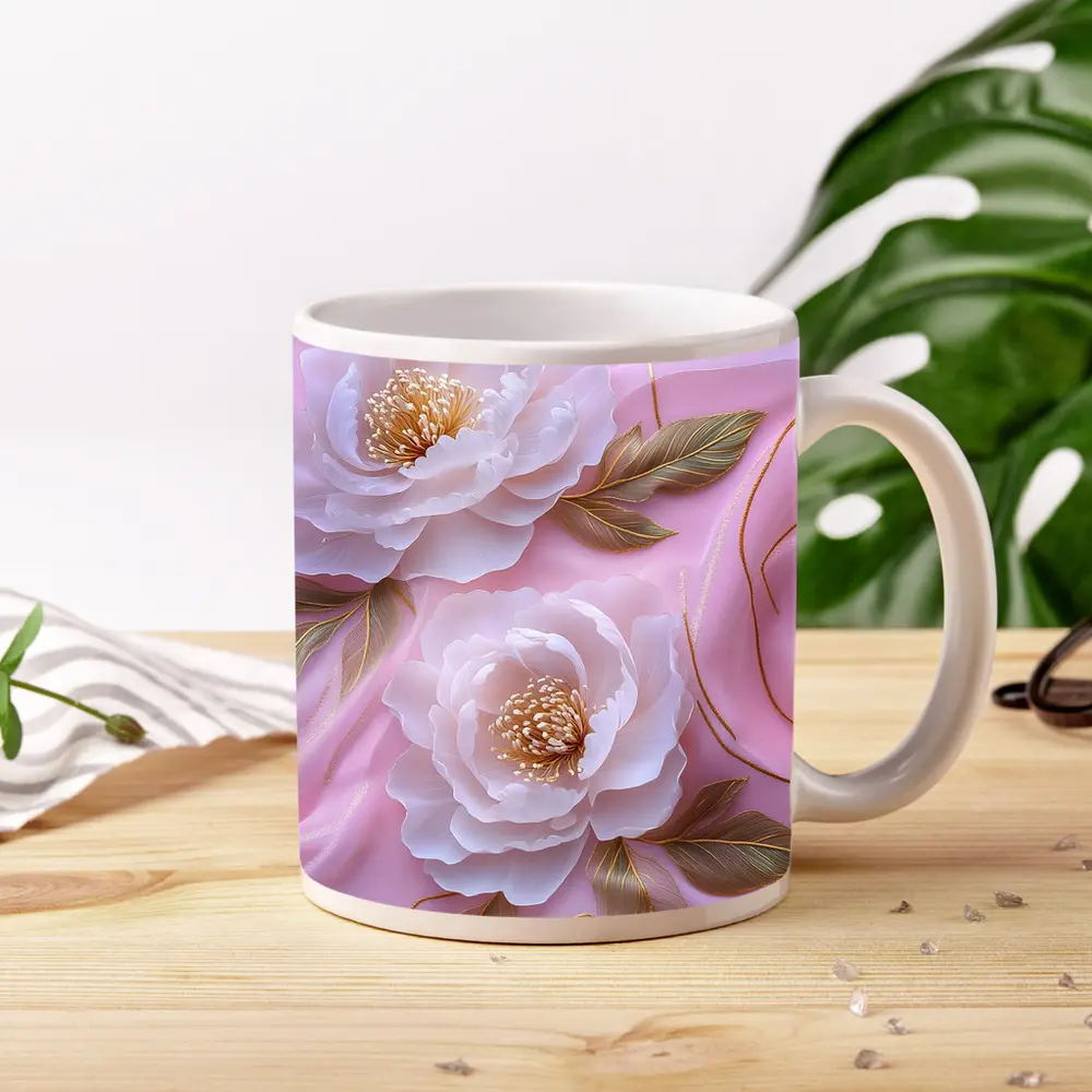 White Peonies Gold Leaves Pink Background – Mugs