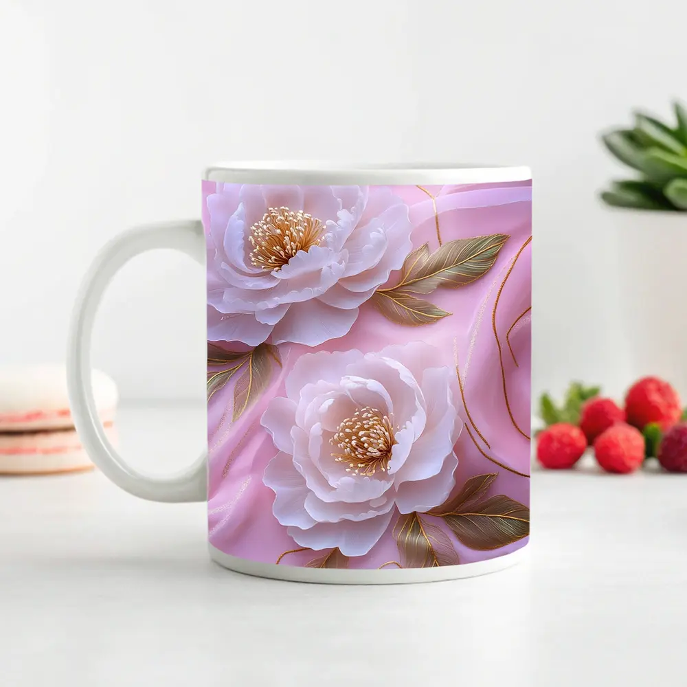 White Peonies Gold Leaves Pink Background – Mugs