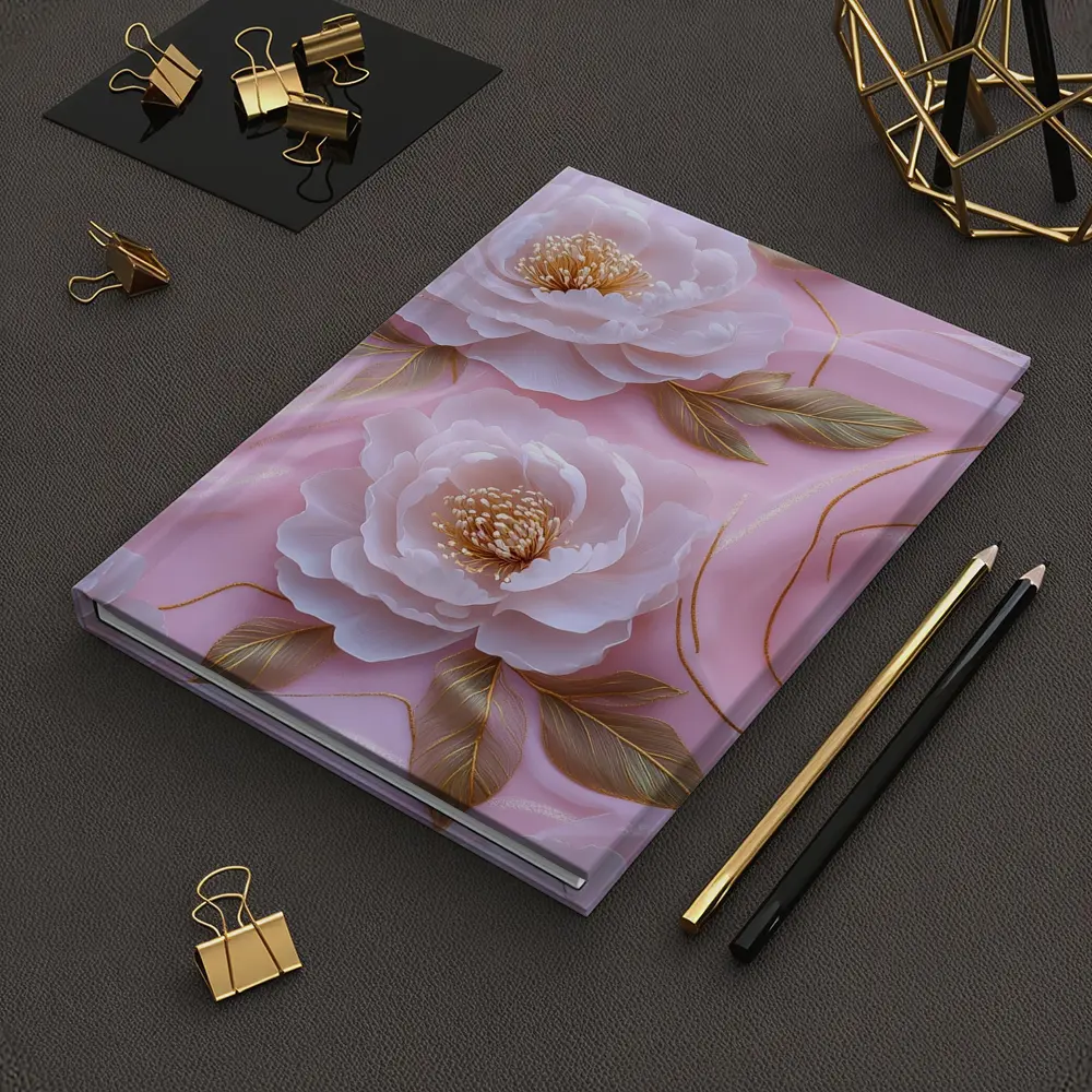 White Peonies Gold Leaves Pink Background – Notebooks
