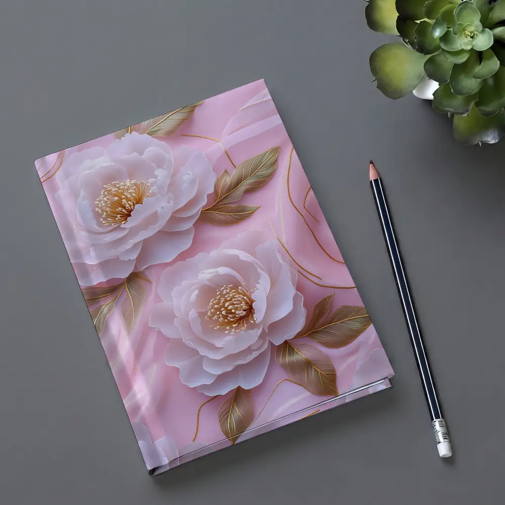 White Peonies Gold Leaves Pink Background – Notebooks