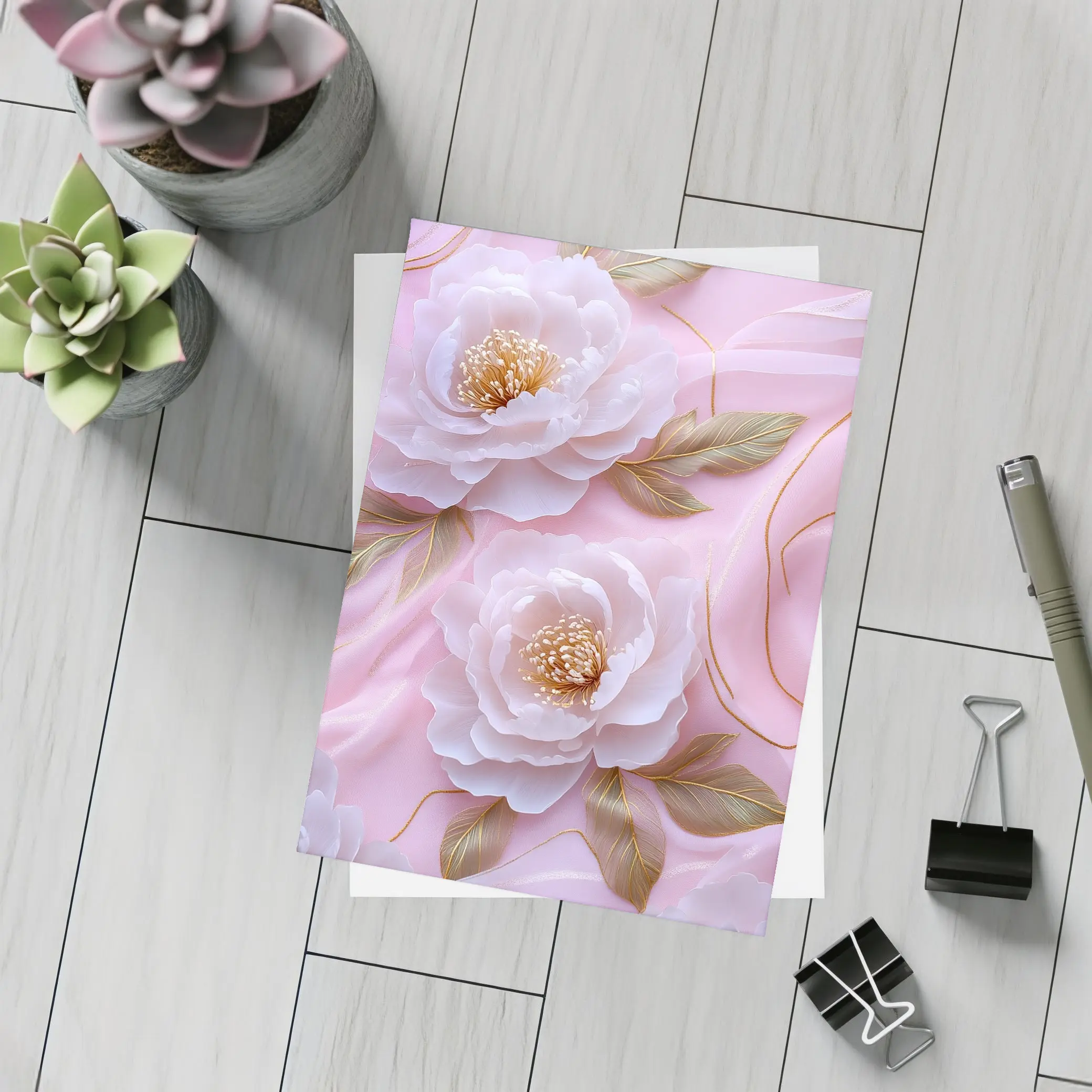 White Peonies Gold Leaves Pink Background – Postcards