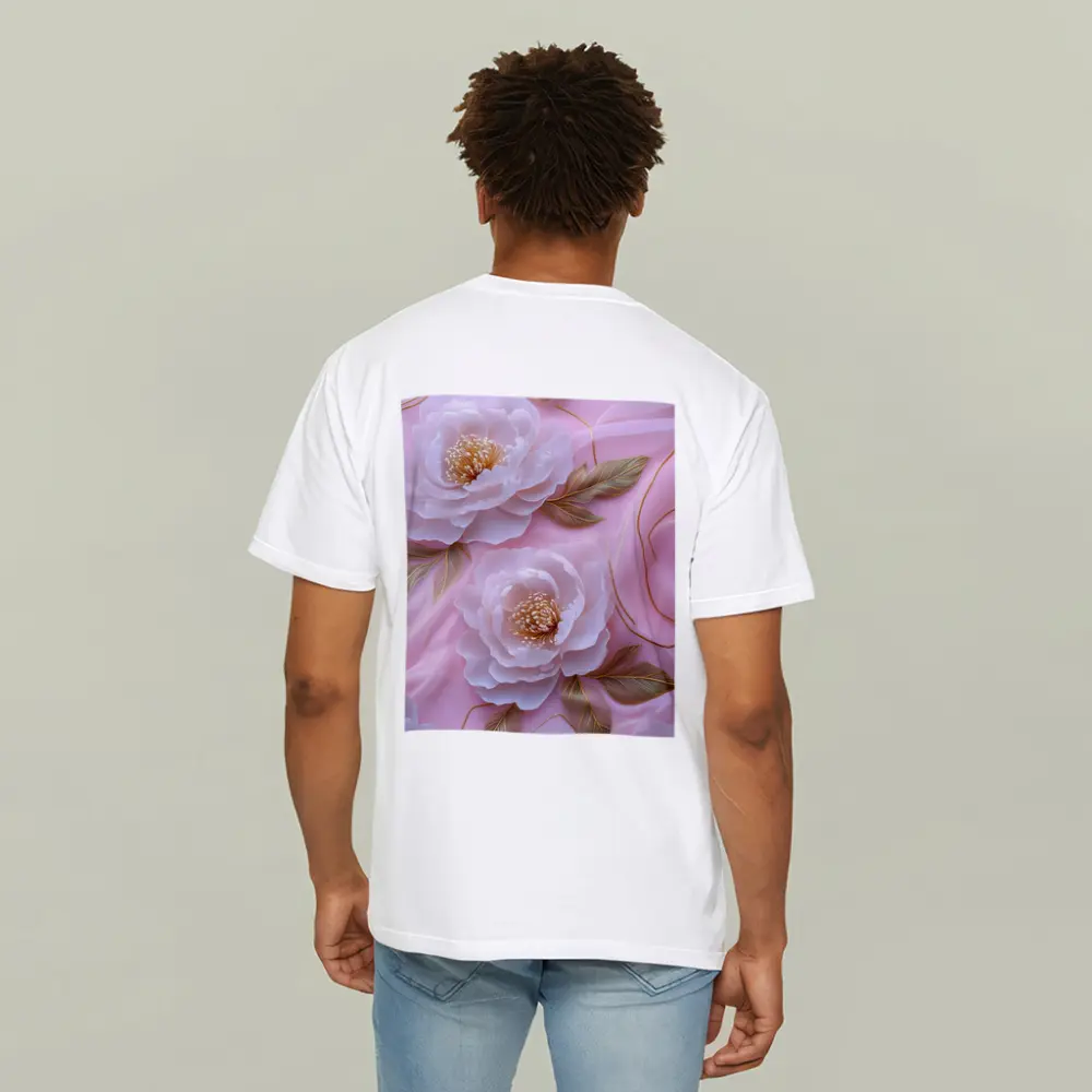 White Peonies Gold Leaves Pink Background – T-Shirts