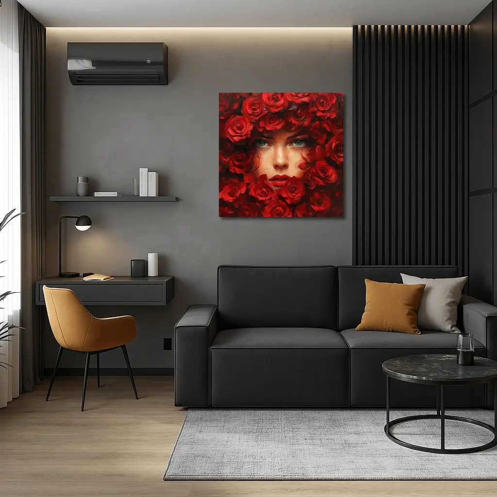 Woman Face Surrounded By Red Roses Oil Painting – Wall Art