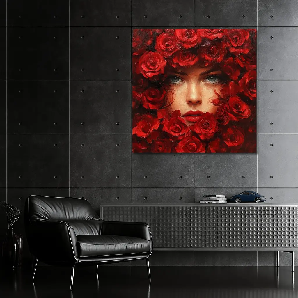 Woman Face Surrounded By Red Roses Oil Painting – Wall Art