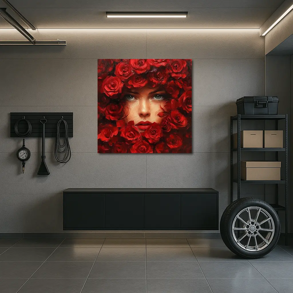 Woman Face Surrounded By Red Roses Oil Painting – Wall Art