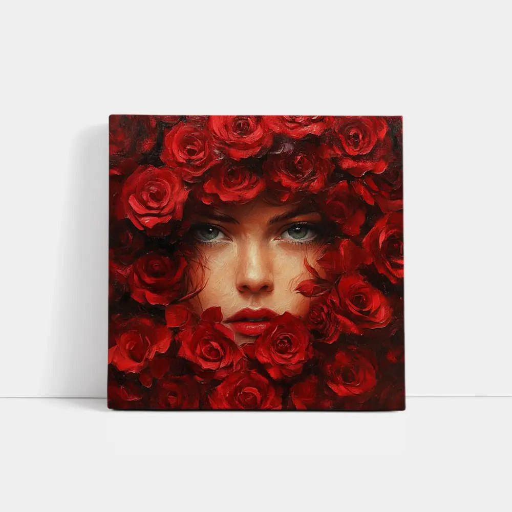 Woman Face Surrounded By Red Roses Oil Painting – Wall Art