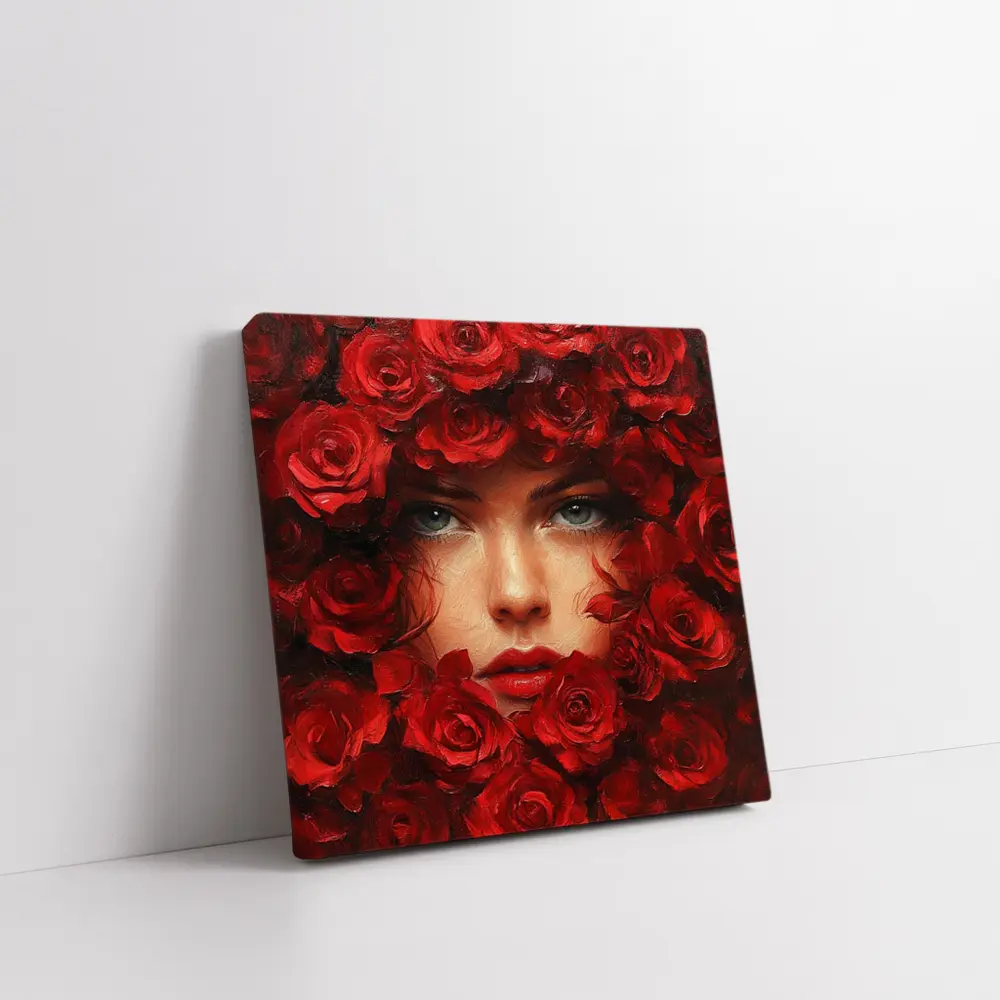 Woman Face Surrounded By Red Roses Oil Painting – Wall Art