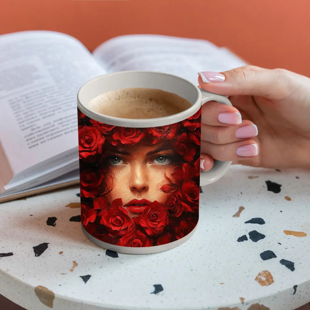 Woman Face Surrounded By Red Roses Oil Painting – Mugs