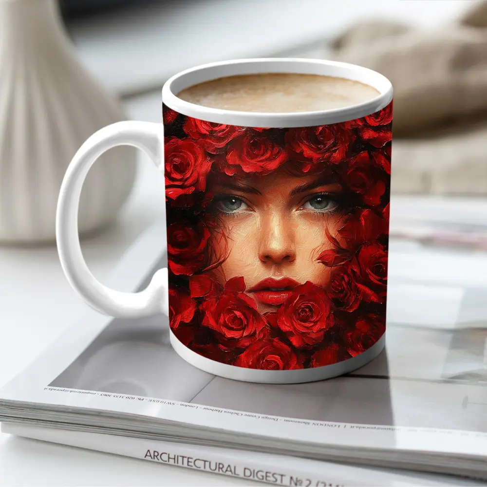 Woman Face Surrounded By Red Roses Oil Painting – Mugs