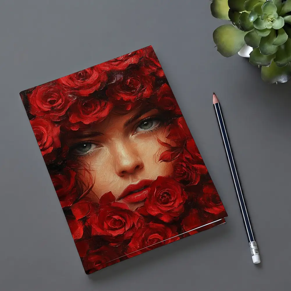 Woman Face Surrounded By Red Roses Oil Painting – Notebooks
