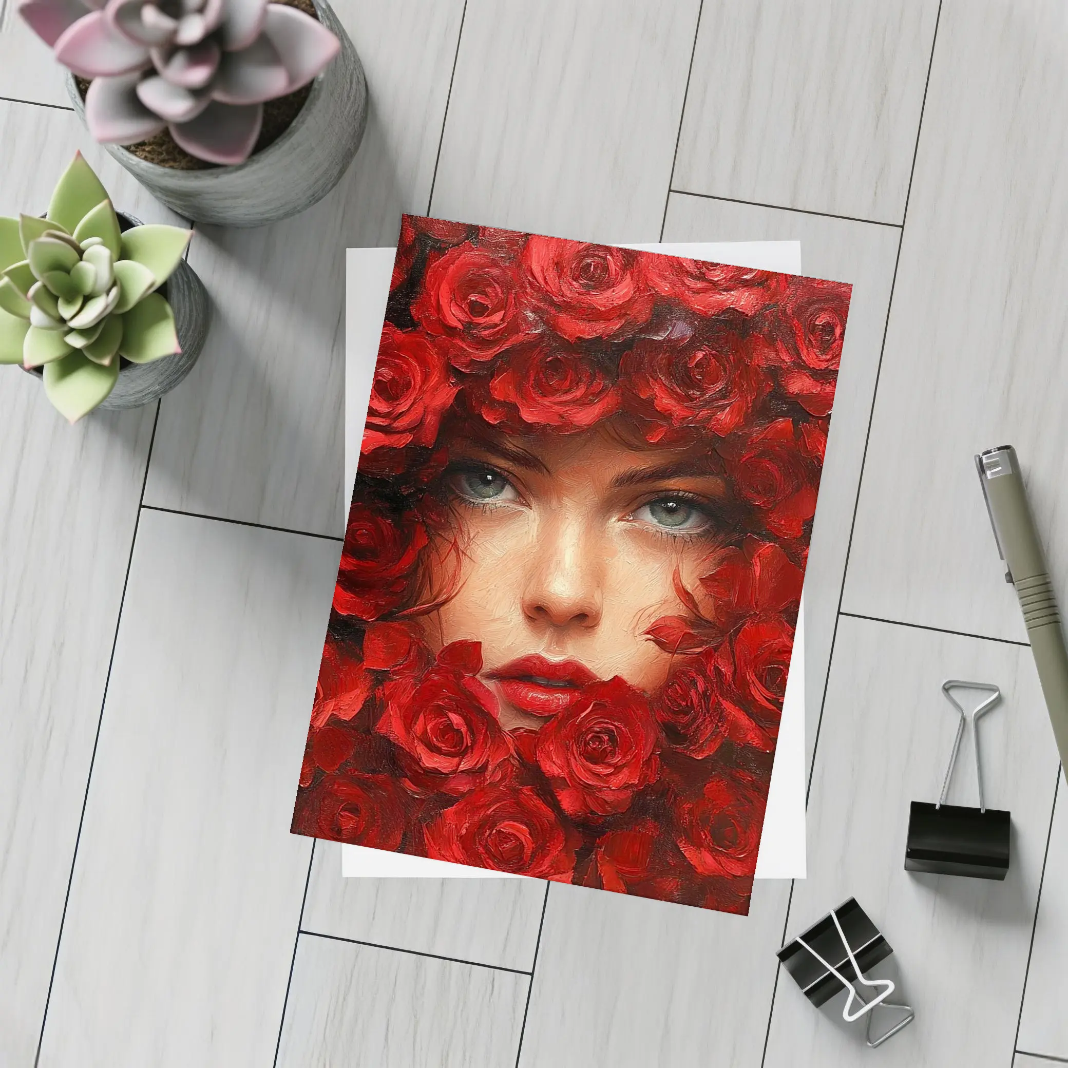 Woman Face Surrounded By Red Roses Oil Painting – Postcards
