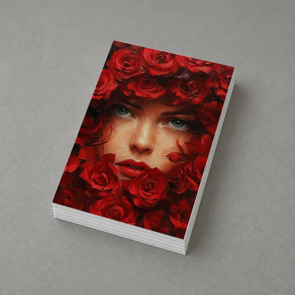 Woman Face Surrounded By Red Roses Oil Painting – Postcards