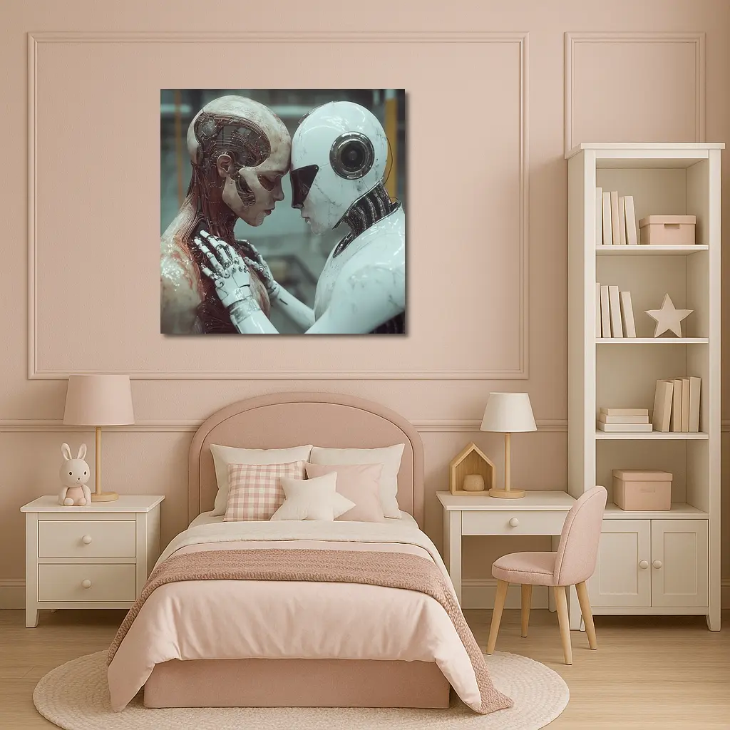 Two Androids Facing Each Other Industrial Setting – Wall Art
