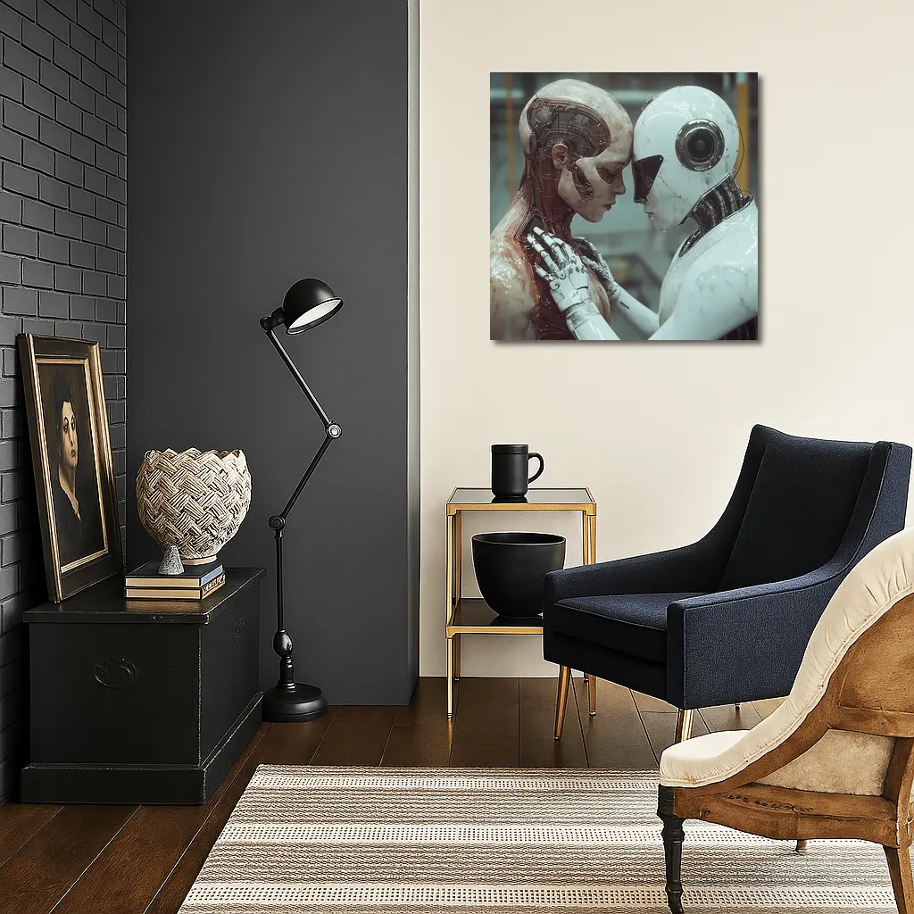 Two Androids Facing Each Other Industrial Setting – Wall Art