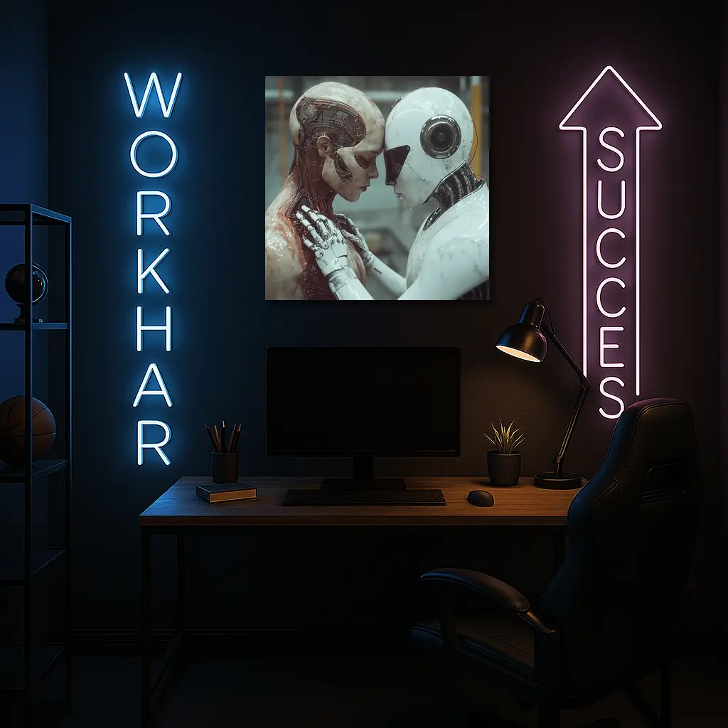 Two Androids Facing Each Other Industrial Setting – Wall Art