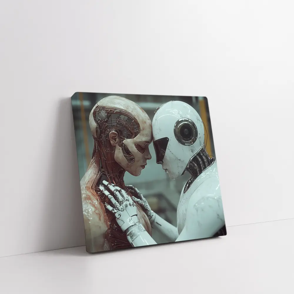 Two Androids Facing Each Other Industrial Setting – Wall Art