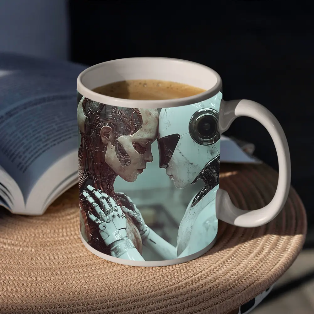 Two Androids Facing Each Other Industrial Setting – Mugs