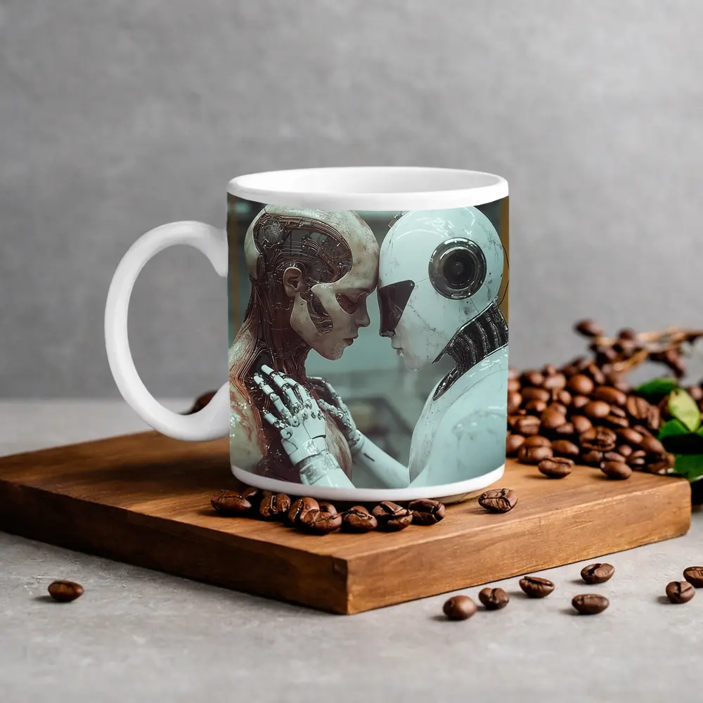 Two Androids Facing Each Other Industrial Setting – Mugs