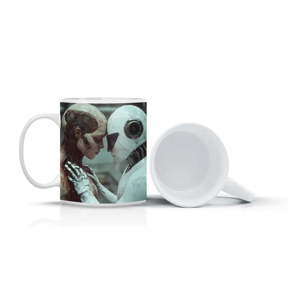 Two Androids Facing Each Other Industrial Setting – Mugs