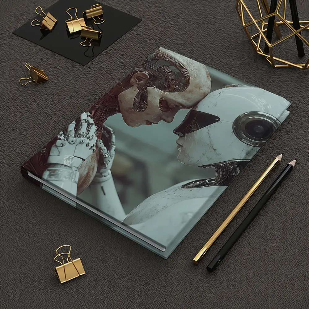 Two Androids Facing Each Other Industrial Setting – Notebooks