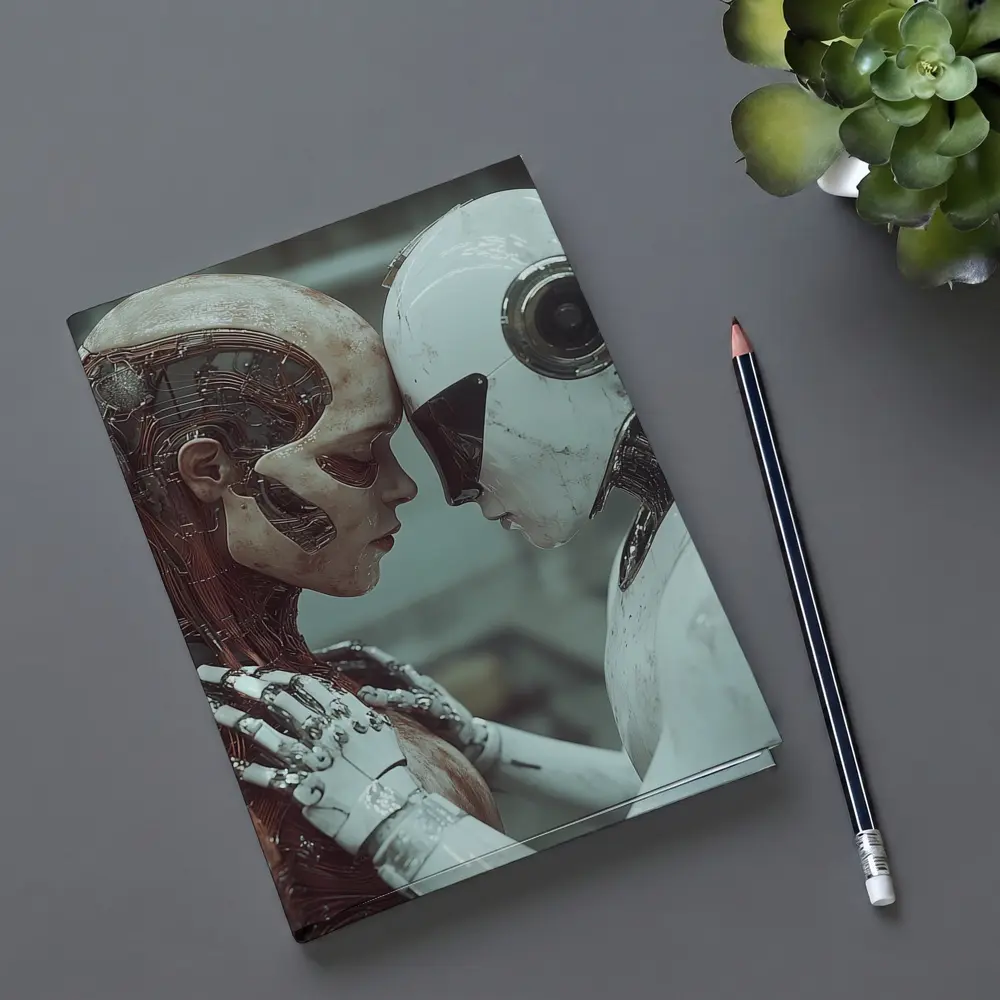 Two Androids Facing Each Other Industrial Setting – Notebooks