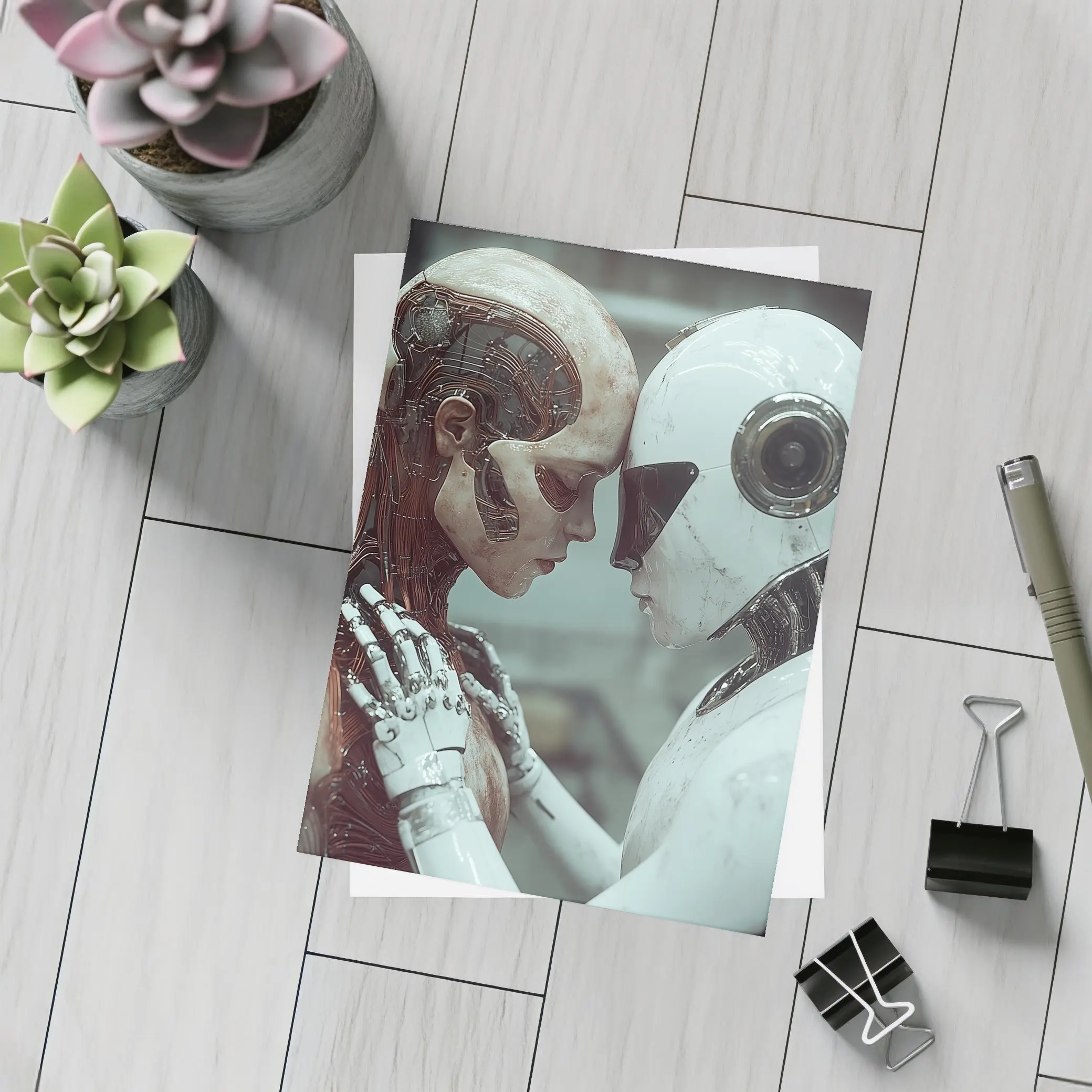 Two Androids Facing Each Other Industrial Setting – Postcards