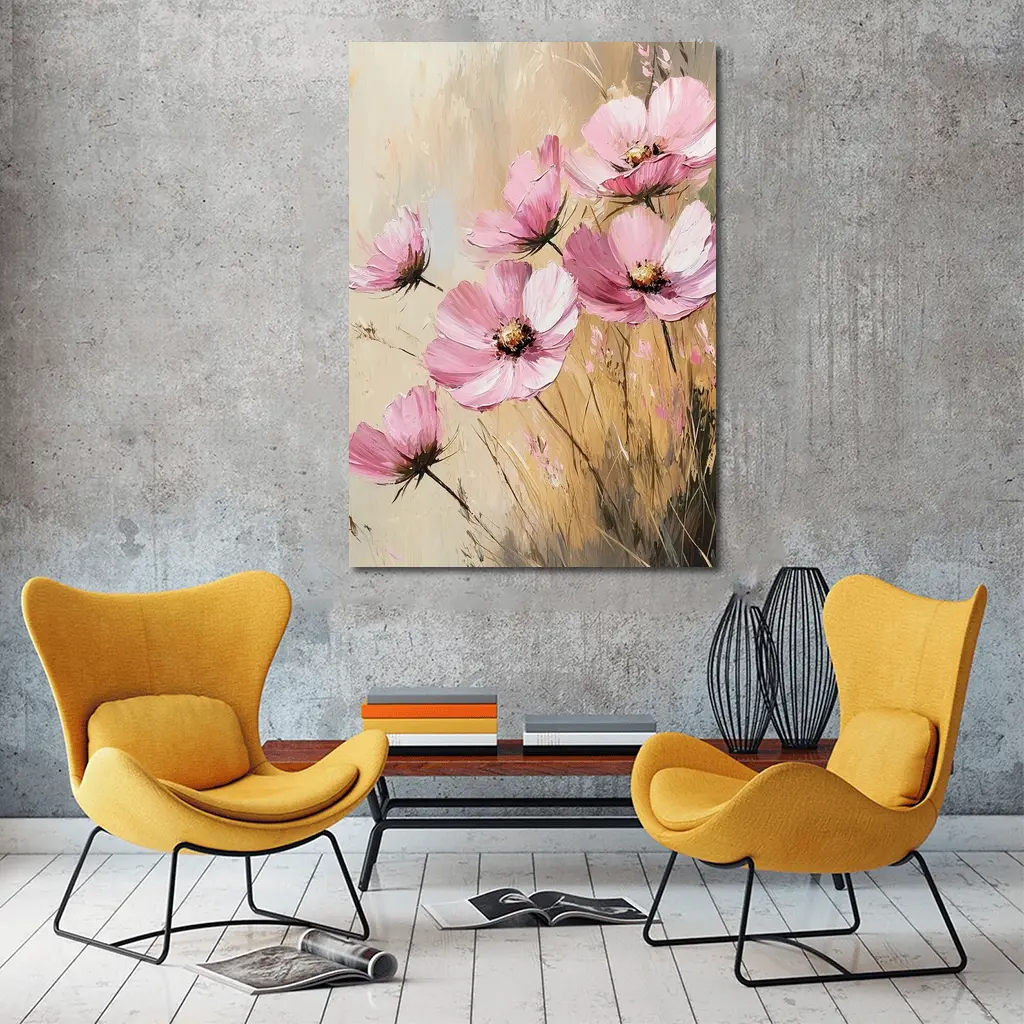 Pink Cosmos Flowers Oil Painting Beige Background – Wall Art