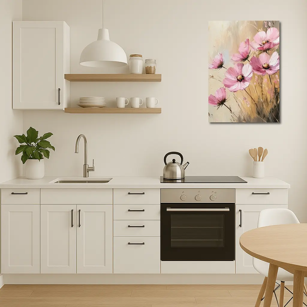 Pink Cosmos Flowers Oil Painting Beige Background – Wall Art