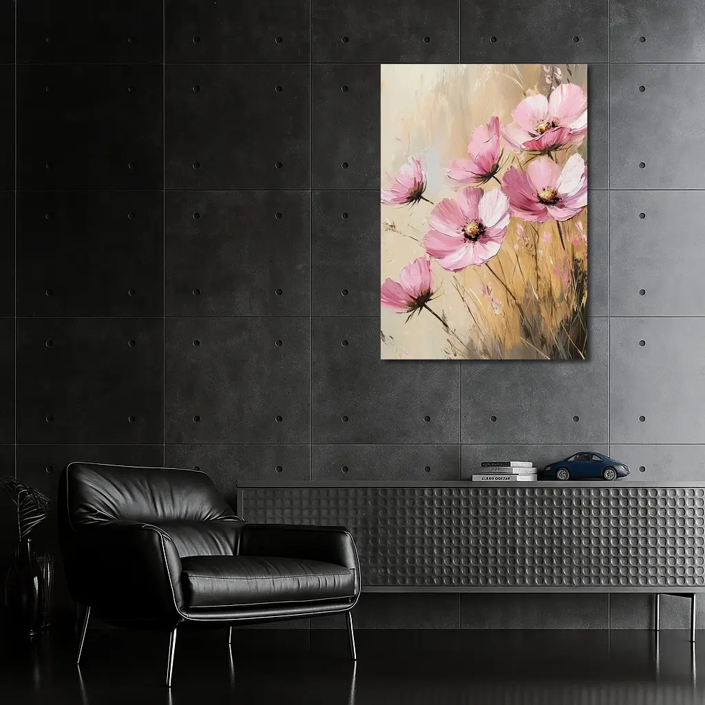 Pink Cosmos Flowers Oil Painting Beige Background – Wall Art