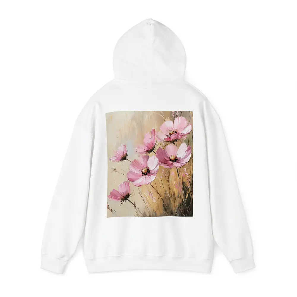 Pink Cosmos Flowers Oil Painting Beige Background – Hoodies