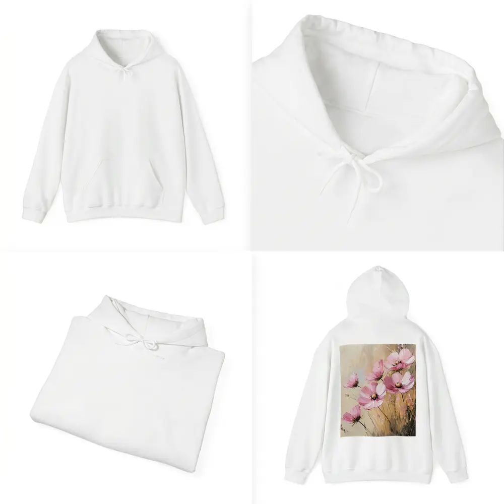 Pink Cosmos Flowers Oil Painting Beige Background – Hoodies