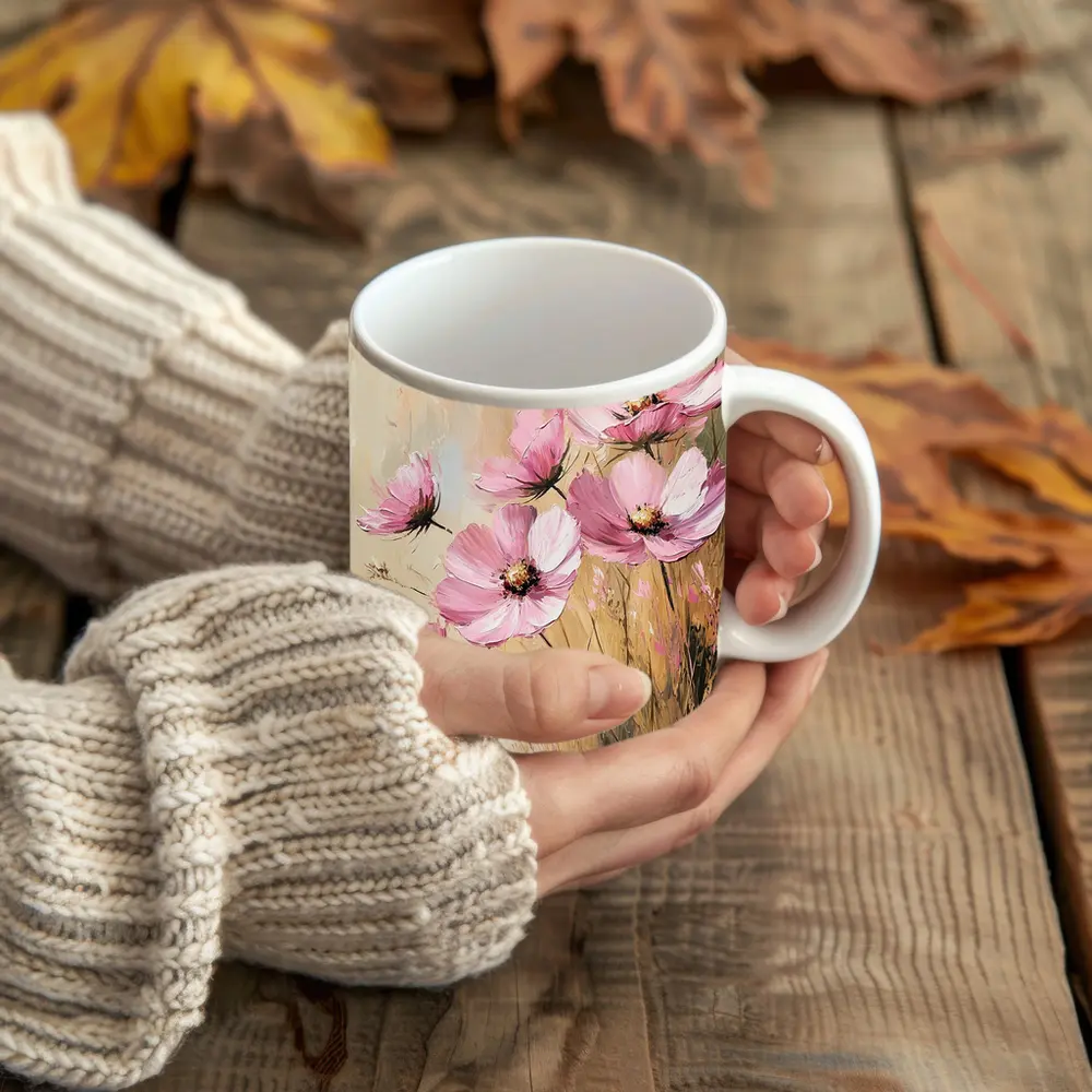 Pink Cosmos Flowers Oil Painting Beige Background – Mugs