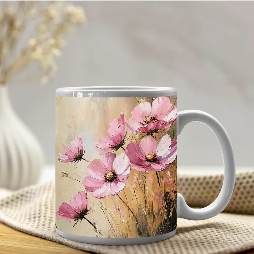 Pink Cosmos Flowers Oil Painting Beige Background – Mugs