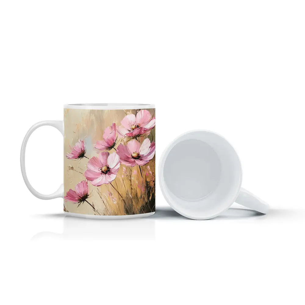 Pink Cosmos Flowers Oil Painting Beige Background – Mugs