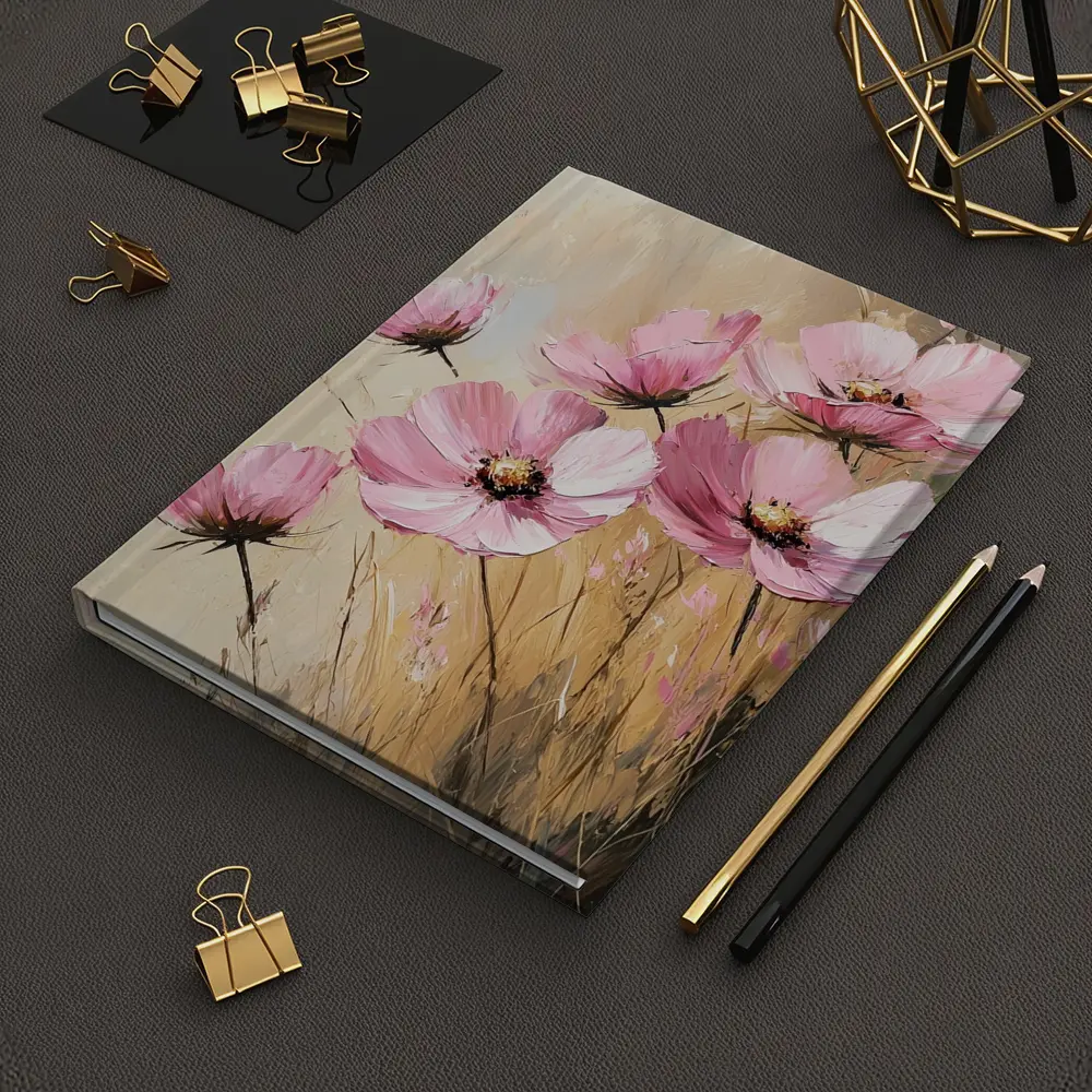Pink Cosmos Flowers Oil Painting Beige Background – Notebooks