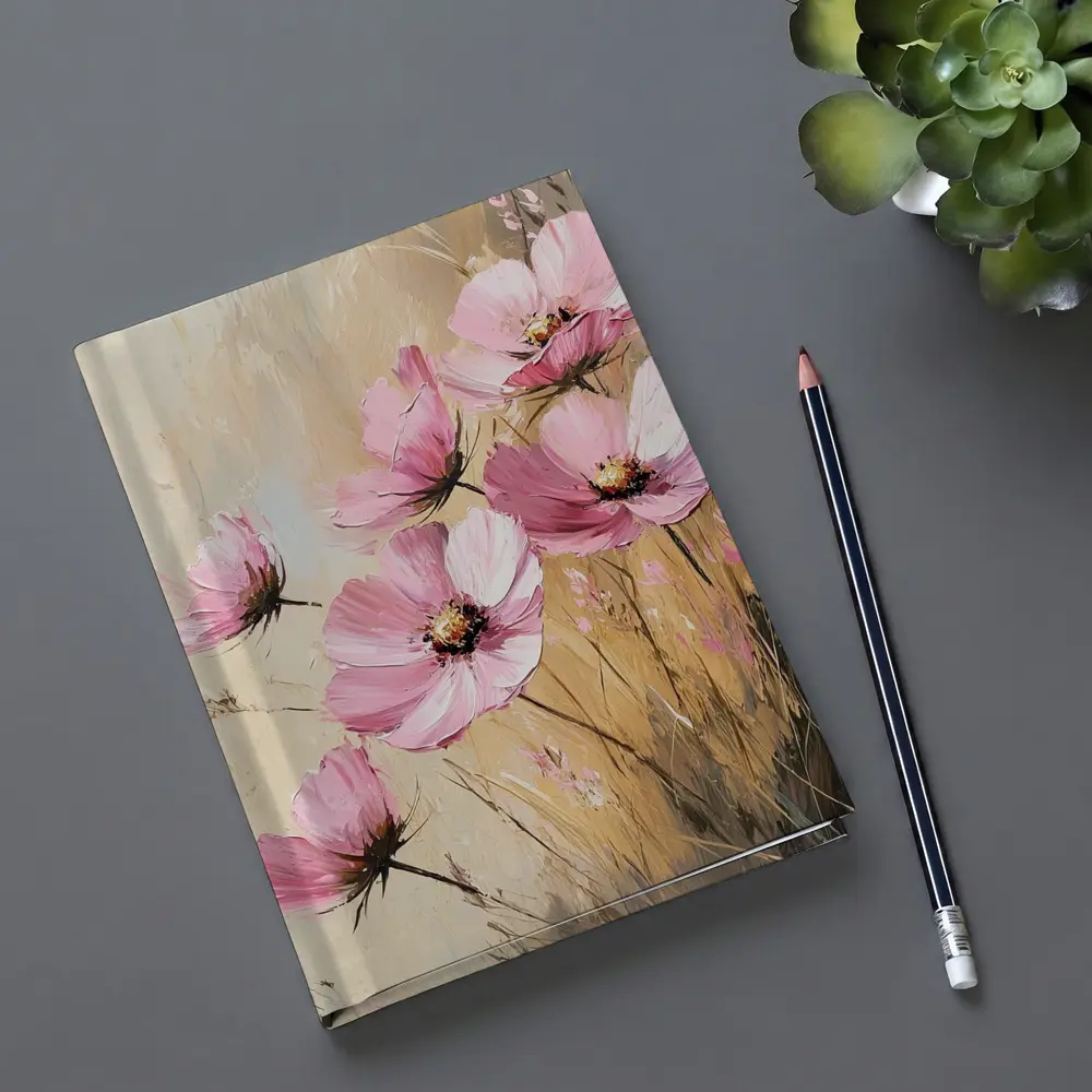 Pink Cosmos Flowers Oil Painting Beige Background – Notebooks