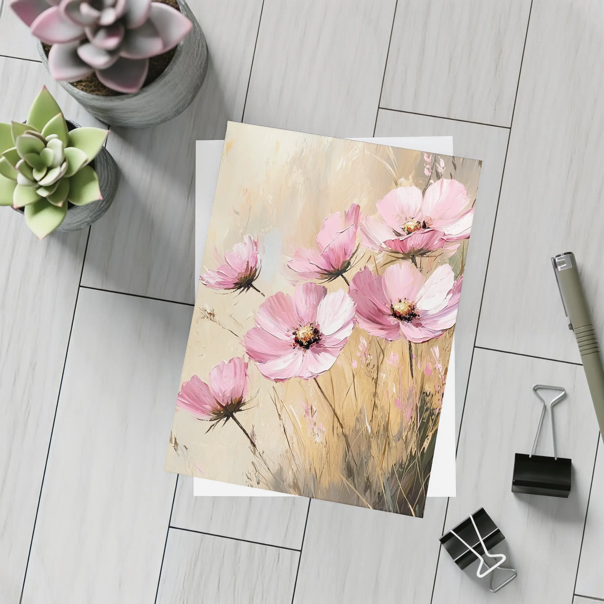 Pink Cosmos Flowers Oil Painting Beige Background – Postcards