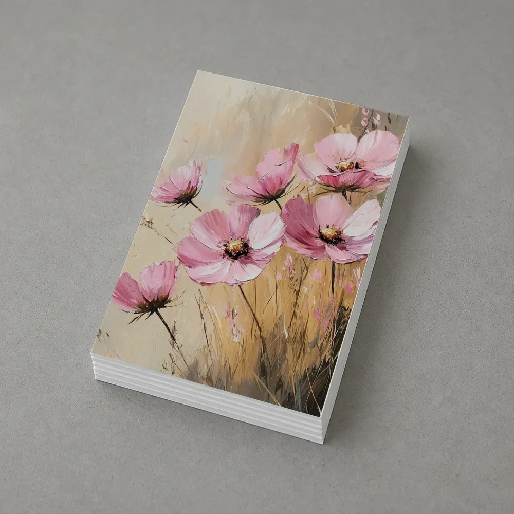 Pink Cosmos Flowers Oil Painting Beige Background – Postcards