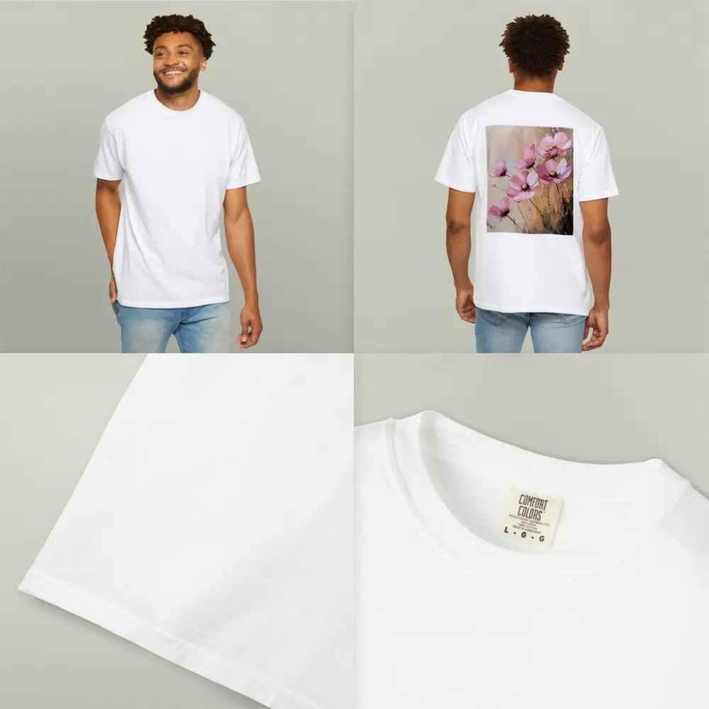 Pink Cosmos Flowers Oil Painting Beige Background – T-Shirts