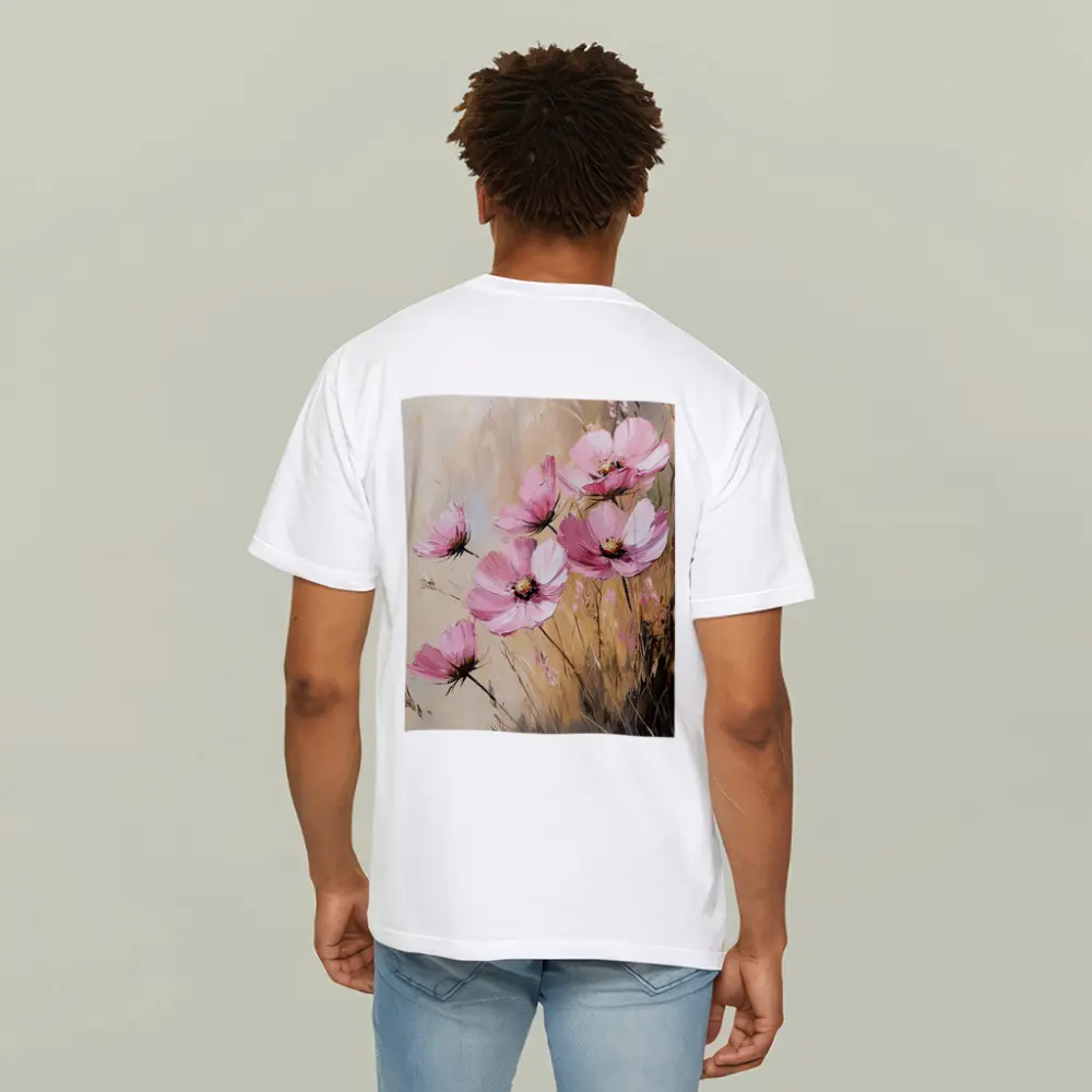 Pink Cosmos Flowers Oil Painting Beige Background – T-Shirts