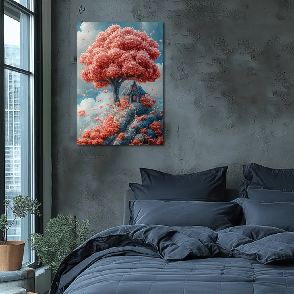 Fantasy Cottage Under Pink Blossom Tree – Wall Art