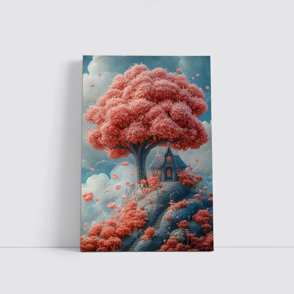 Fantasy Cottage Under Pink Blossom Tree – Wall Art
