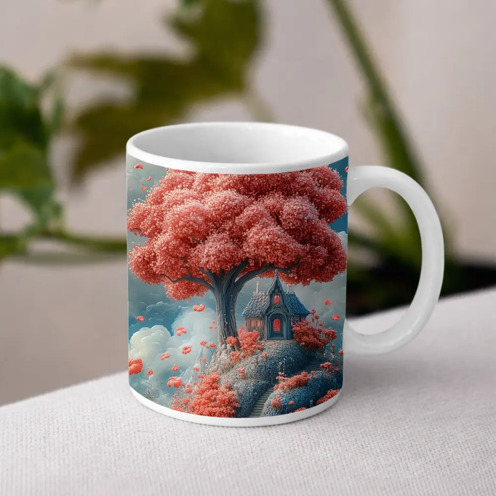 Fantasy Cottage Under Pink Blossom Tree – Mugs