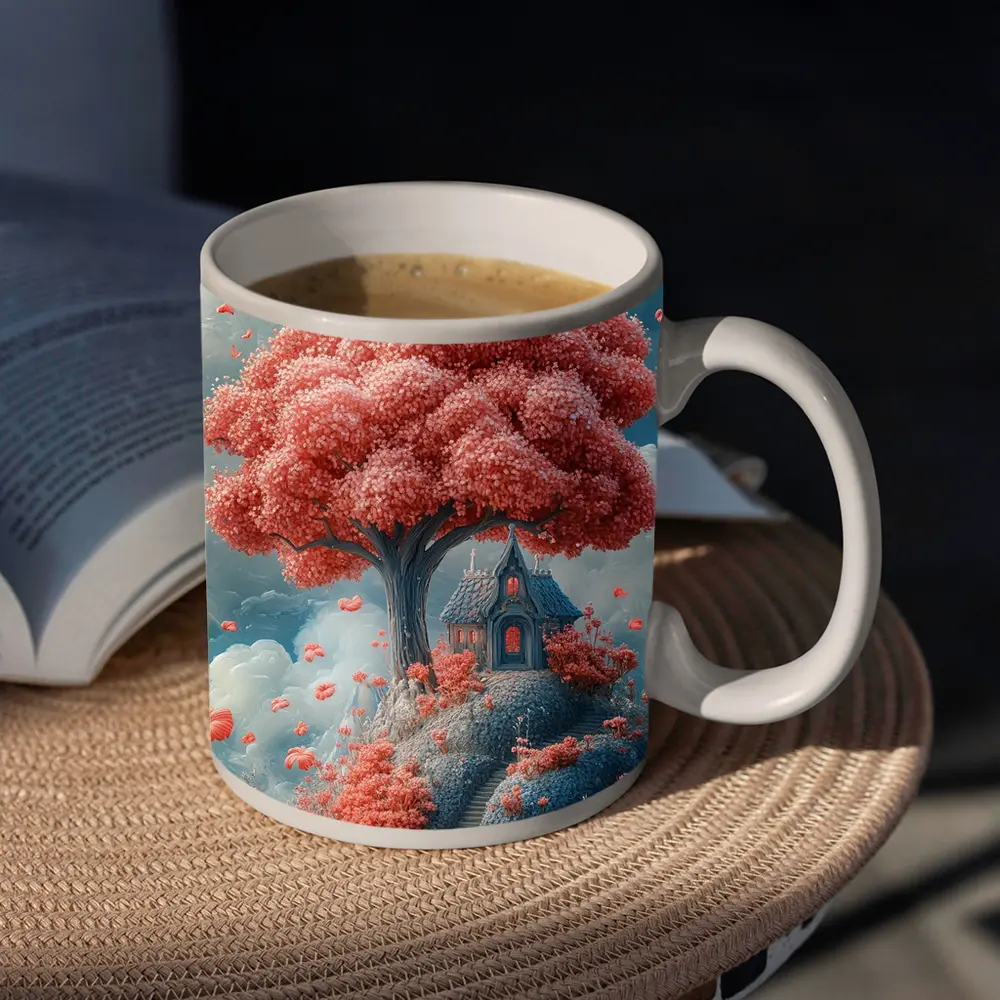 Fantasy Cottage Under Pink Blossom Tree – Mugs
